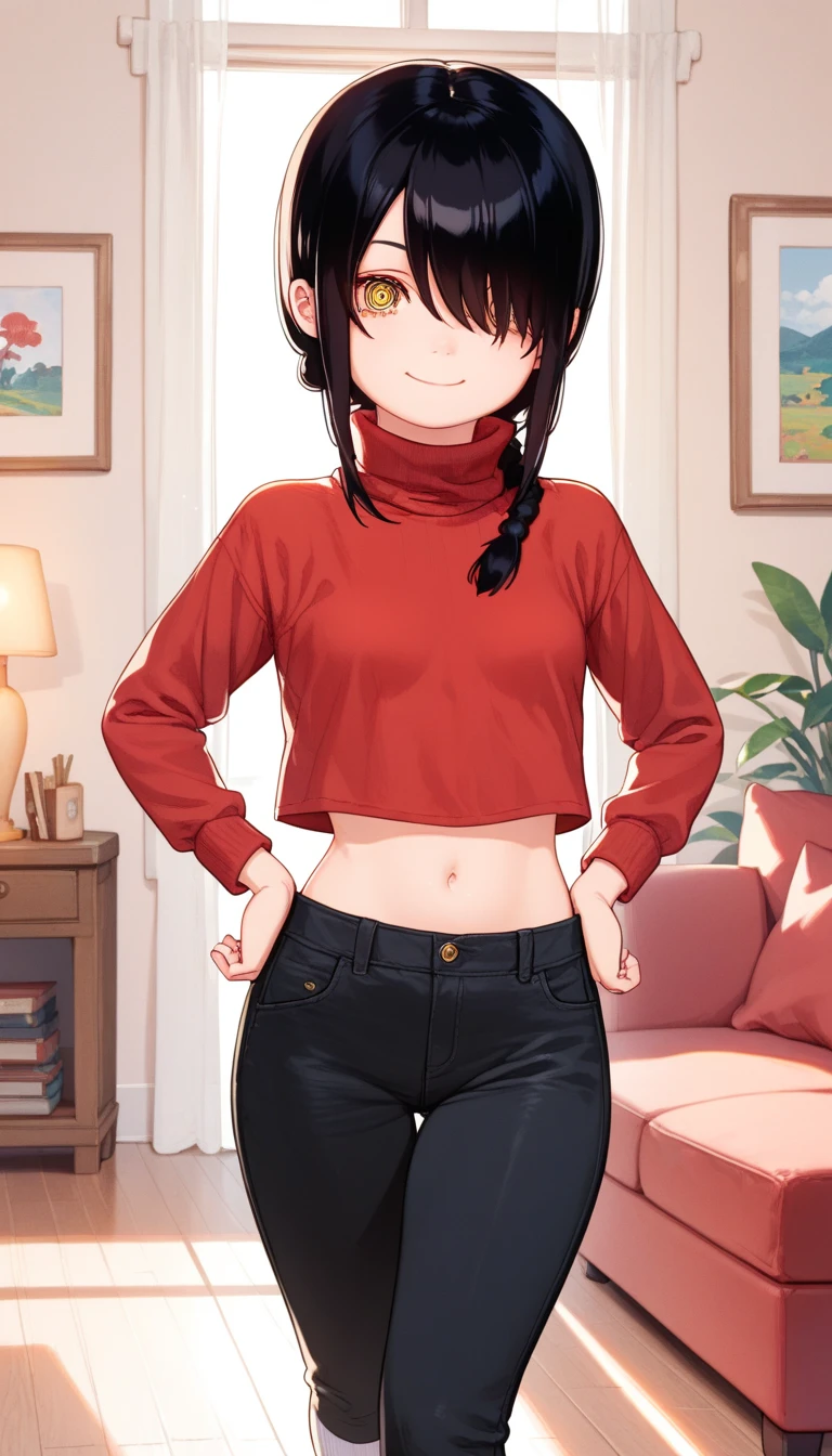 nayuta csm, Nayuta, 1girl, ringed eyes, black hair, yellow eyes, best quality, single braid, medium hair, hair over one eye, red sweeter, turtleneck sweeter, Black thighs, walking, cute ass, , living room, looking at viewer, loli, young girl, small breasts, wide hips, thick legs, White socks, smile, front view, Loli, Black pants, sexy pose, Loli girl, Loli, hands on hips, ***** girl