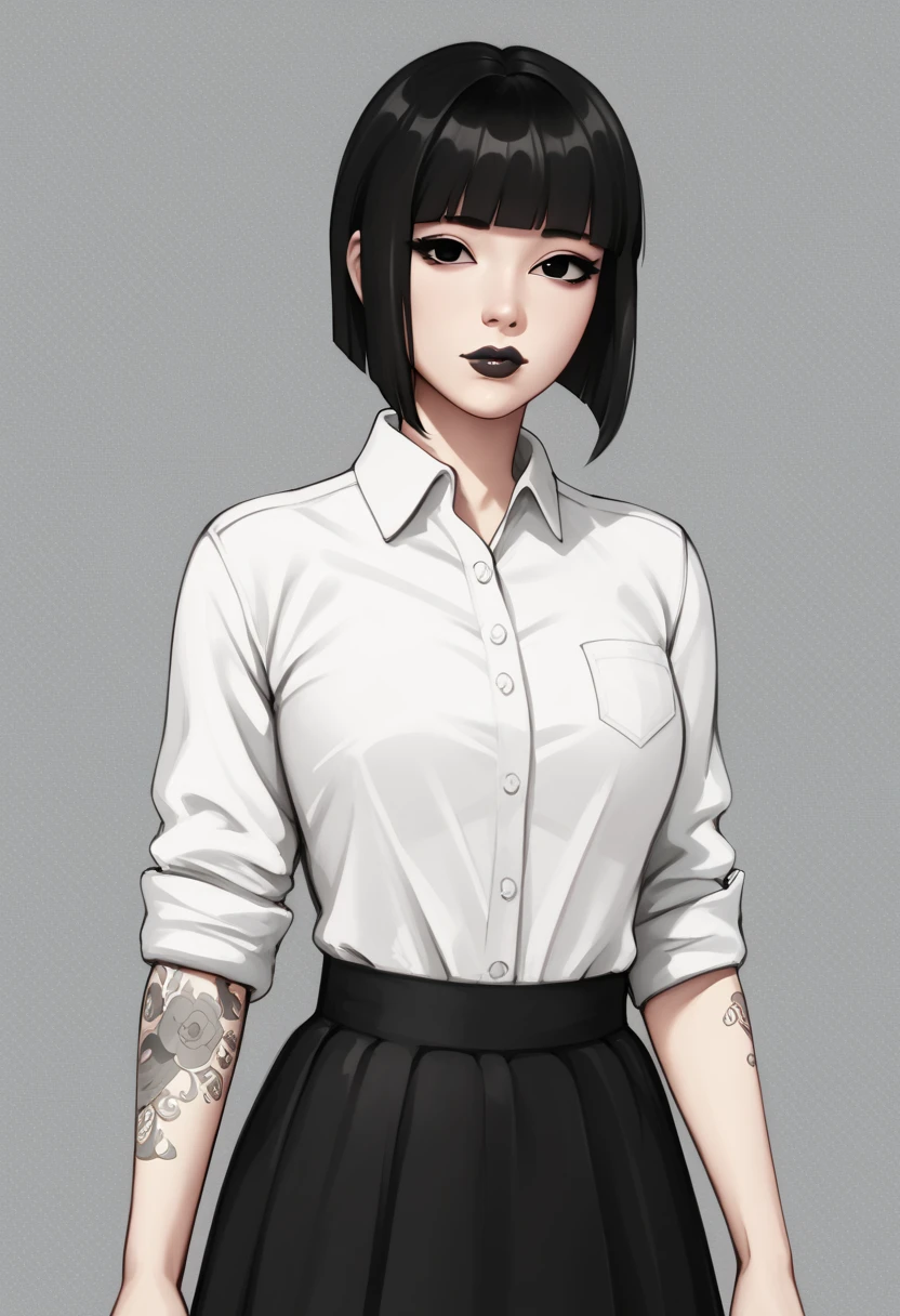 score_9, score_8_up, score_7_up, 1girl, sketch, sp1t, monochrome, detailed background, Asian, white shirt, black skirt, rolled up sleeves, sunny, lovely, hime cut hair, curious face, black lips, black eyes, tattoos

