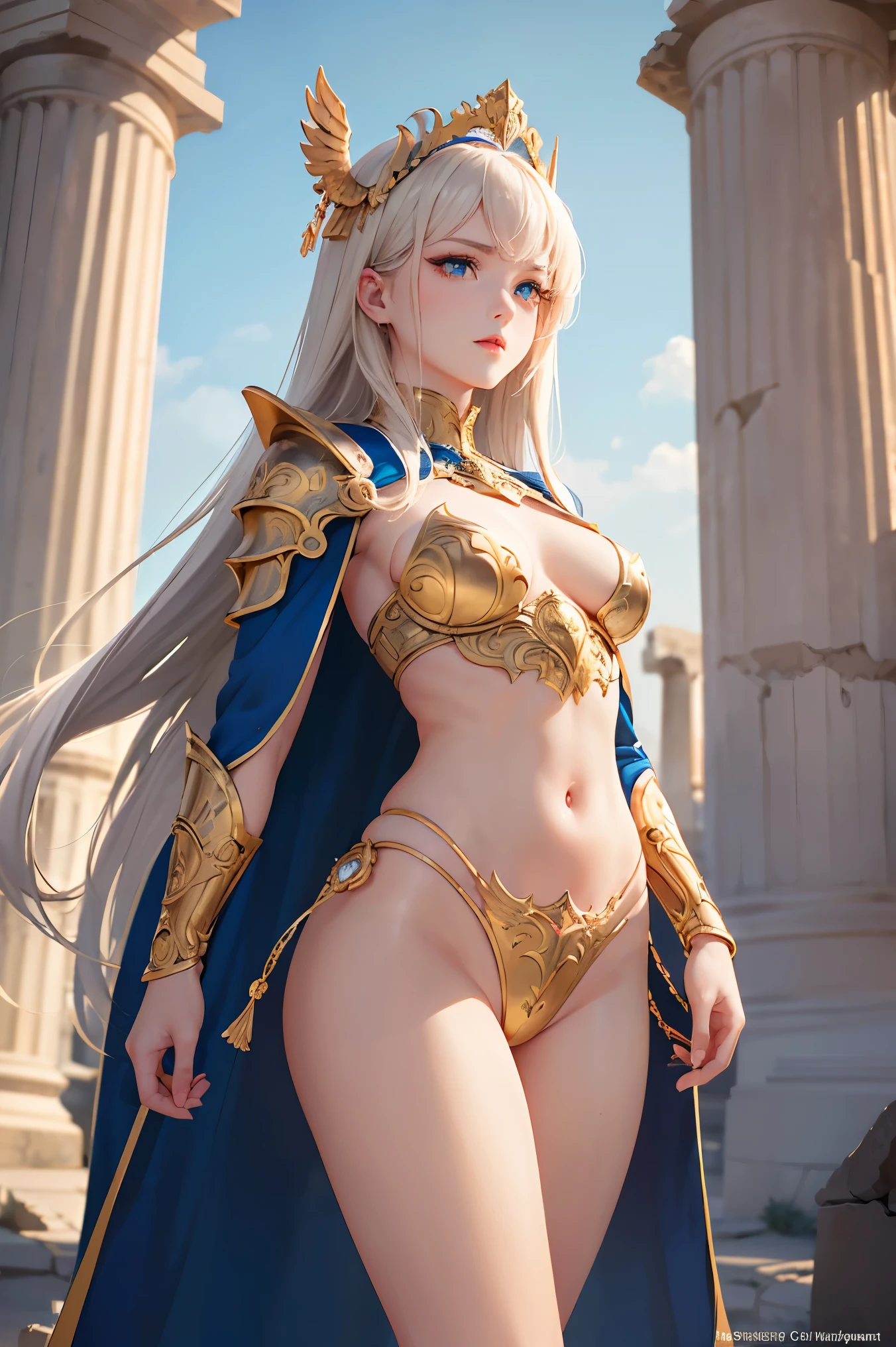 ( top quality,  Masterpiece,  and aesthetic, Super detailed CG:1.3,  Super detailed description,  perfect anatomy ), ( Head to Thigh Images ) ,  Deep Shadow , (A perfectly beautiful face:1.3), Alone, woman, ( small, elegant hair ornament ,  Stunning Intricate and Beautifully Decorated Armor ),  Detailed Breastplate and Basket ,  silver blonde, floating, Captivating breasts,  tiara , knight,  Watch viewers, ( most beautiful face ,  pale pink lips ,  beautiful blue eyes,  attractive expression ),  Anatomically accurate and beautiful body shape , Accurate hand drawing, ( intricate detail against the backdrop of ancient Greek ruins ),  sexy waist , Complex Equipment, Golden Pegasus Cloth Armor , Purple Cape,  Detailed illustrated art with background, 