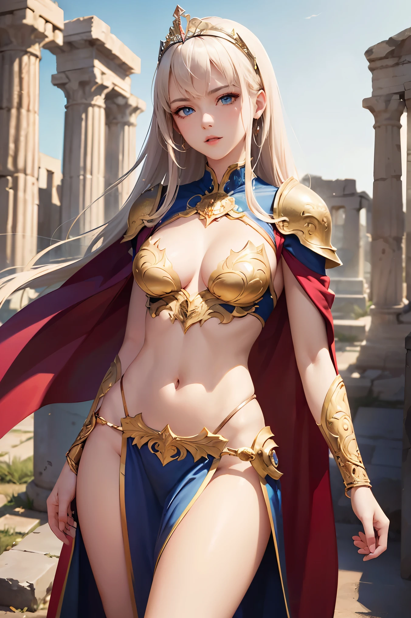 ( top quality,  Masterpiece,  and aesthetic, Super detailed CG:1.3,  Super detailed description,  perfect anatomy ), ( Head to Thigh Images ) ,  Deep Shadow , (A perfectly beautiful face:1.3), Alone, woman, ( small, elegant hair ornament ,  Stunning Intricate and Beautifully Decorated Armor ),  Detailed Breastplate and Basket ,  silver blonde, floating, Captivating breasts,  tiara , knight,  Watch viewers, ( most beautiful face ,  pale pink lips ,  beautiful blue eyes,  attractive expression ),  Anatomically accurate and beautiful body shape , Accurate hand drawing, ( Intricate Details Against Ancient Greek Ruins),  sexy waist , Complex Equipment, Golden Pegasus Cloth Armor , Purple Cape,  Detailed illustrated art with background, 