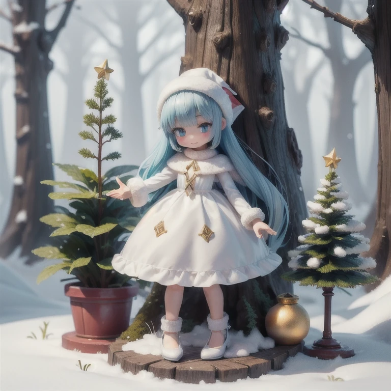 ( masterpiece fails: 1.2, ultra detailed, 1.5, обои unity 8k,), 3d voluminous anthropomorphic , white, a fluffy happy ,  a charming dandelion with blue eyes on a thin green stalk, In a knitted sweater,  stands by a decorated Christmas tree on a snowy forest edge .
fairy tale, fantasy , Surrealism, gently, BRIGHT, diffused light.  realistic