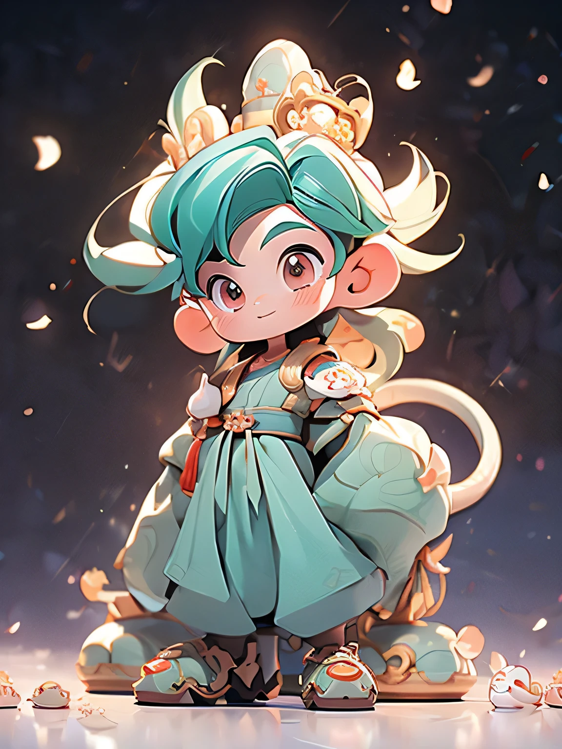 masterpiece, is the best quality, intricate facial details , Perfect anatomy , to generate a little monkey ,Q version characters, cartoon image,2D,flat, inspired by Son Goku , inspired by Ming dynasty costumes,Inspired by peach kernels , naughty and cute,White one-piece, clearly focused , (( unique :1.4), ( Full body shot ), Ultra HD, 1 Boy, Extremely detailed illustration , smooth, Extremely pixel perfect, detailed background, tachi-e,Standing