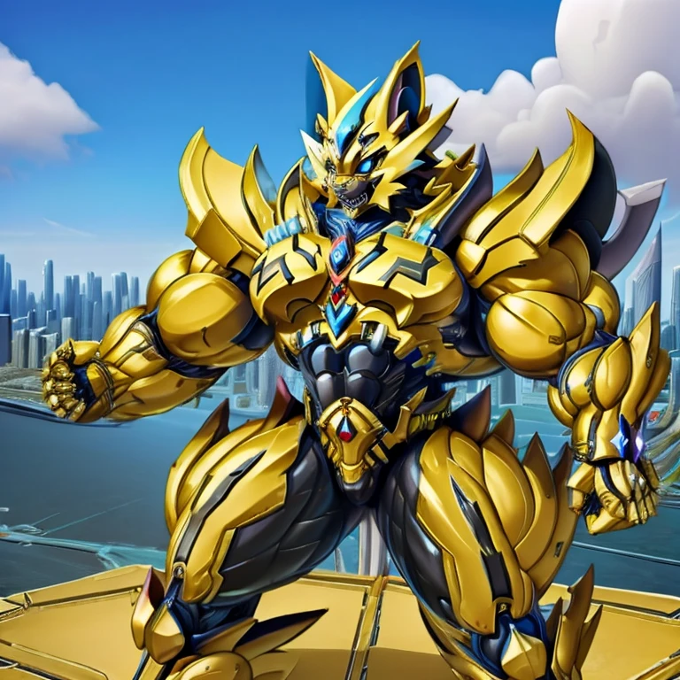 (ZERAORA, 8K),
(Zeraora's titanic robot, Powered exoskeleton with the same design as Zeraora, muscular and massive),
(Masterpiece, ultra-highres),
(Immensely detailed full-body view: 1.5, defined head, chest, arms, legs, and tail: 1.5, hyper-defined abs with golden hues: 1.5, towering figure: 1.5, full-body proportions: 1.5),
(Colossal and gargantuan muscles: 1.6, Gigachad-level muscularity: 1.5, gigantic pecs: 1.6, oversized triceps: 1.5, hulking traps: 1.5, incomprehensibly developed muscular frame: 1.6, body teeming with colossal muscles: 1.6, monstrously exaggerated muscle mass: 1.6),
(nj5furry, razor-sharp claws: 1.5, ferocious teeth: 1.5, claws built for devastation: 1.5),
(Elongated, muscular legs: 1.5),
(Enormous golden wings spanning the horizon: 1.5, golden wings that block the sun: 1.5),
(Radiating colossal power with metallic brilliance: 1.5, clad in a skyscraper-sized cyberpunk mecha: 1.5, intricate metallic armor emphasizing muscle size: 1.5, advanced cyborg design towering over cities: 1.5),
(Entire body glowing in golden hues: 1.5),
(Menacing pose: 1.5, with an arrogant and overpowering expression: 1.5, destroying a sprawling metropolis: 1.5),
(god-like size: 1.5, colossal: 1.6, gigantic: 1.6, massive scale: 1.7, planet-sized: 2.0, continent-sized: 2.0, sky-high: 1.5, stratospheric size: 2.0, sky-reaching: 1.5, sky-scraping: 1.7),
(Extra latex muscle suit with golden color: 1.5, muscle design of the extra latex muscle suit reflected in Zeraora's armor: 1.5)
