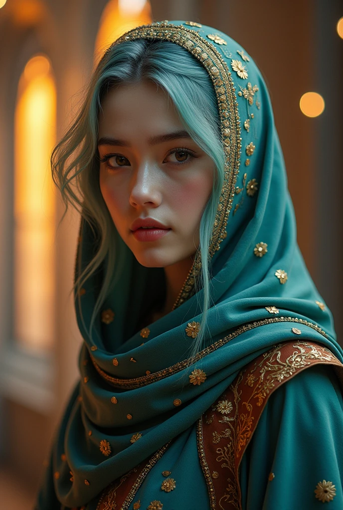 beautiful malay young woman in hijab, wearing hazmat suit made of silver, thick symmetrical features, background is cherry blossoms, pink aura, red lips, octane render,