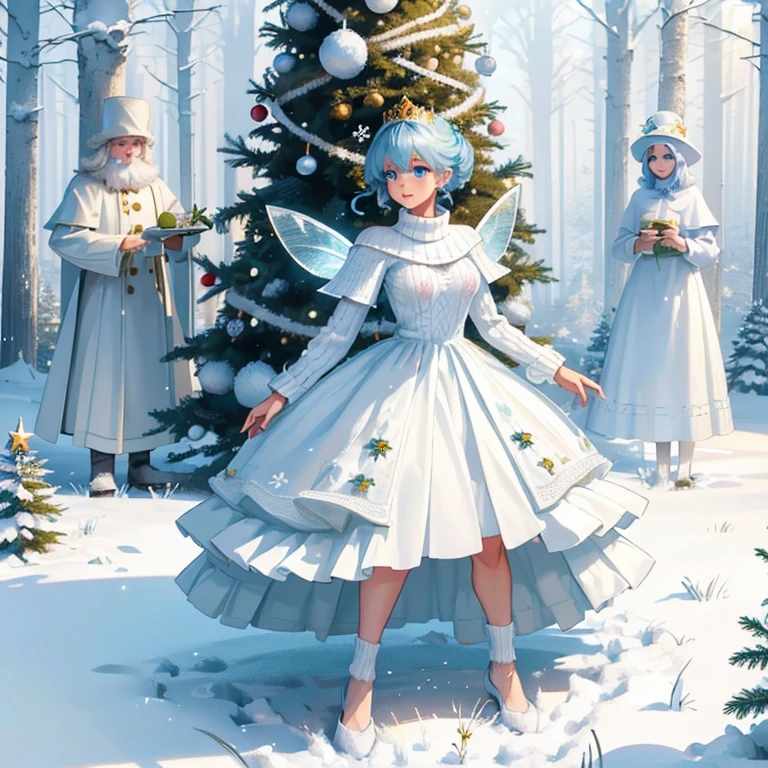  3d voluminous anthropomorphic , white, a fluffy happy ,  a charming dandelion with blue eyes on a thin green stalk, In a knitted sweater,  stands by a decorated Christmas tree on a snowy forest edge .
fairy tale, fantasy , Surrealism, gently, BRIGHT, diffused light.  realistic