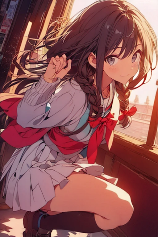 Highest Masterpiece。 top quality。 Japanese anime style 。 pop art 。Game CG。 super high resolution。8k wallpaper。 detailed。 attention to beautiful details。超 detailed目。 Fine and Beautiful Eyes 。非常に detailed顔。 detailed肌。 Full Body Portrait 。Beautiful composition。 dynamic composition。 dynamic angles 。 dynamic pose。, shallow depth of field 。 the layout is a long shot 。 angle is a side view 。 the focus part is the whole body 。 the model's gaze takes off the horizontal 。Hues and overall tones are dark or cool。 pretty girl。 high school freshman。
The clothes are Japanese high school uniforms.、Winter clothes、 navy blue blazer, white cutter shirt, blue skirt, and black stockings。 cream-colored sweater with a ribbon are baggy 。 wearing dark blue socks and dark brown leather shoes 。 wearing glasses 。 background is outdoors during the day 、In summer、The 、 school yard。 the light source is on the right 、 the silhouette is backlit 。The lighting is natural light 。 realistic shadows。 Cinematic Lights 。 jumping into space 、 posing with both arms raised 。 with a mischievous smile 。 there is movement and flow all over her hair 。
The girl's hairstyle 、 is braided on the side of the head 、 with braids gathered at the back 。 is long and naturally straight 、 or lightly wavy 。 The knot is decorated with a red ribbon and 、 gives a clean and feminine impression 。 overall With straight or light waves、 has a natural flow 。Hair color is black。 shiny hair。Small build。 the outline is a slender face line 、 with a slightly sharp chin 。 The outline of the face is soft and feminine, but 、 and is sharp enough to make you feel cool 。 her face shape is slightly long and 、 has a calm beauty 。Large dark brown eyes give a gentle, maternal impression。 sharp pupils。Realistic eyes。 highlight catchlight 。Emphasize pupils 。 brighter、Energetic、 positive personality 。 The knot is decorated with a red ribbon and 。 her posture 、 makes you feel inner strength and confidence 。While he has the beauty of a beautiful young boy,、She has a girlish charm。