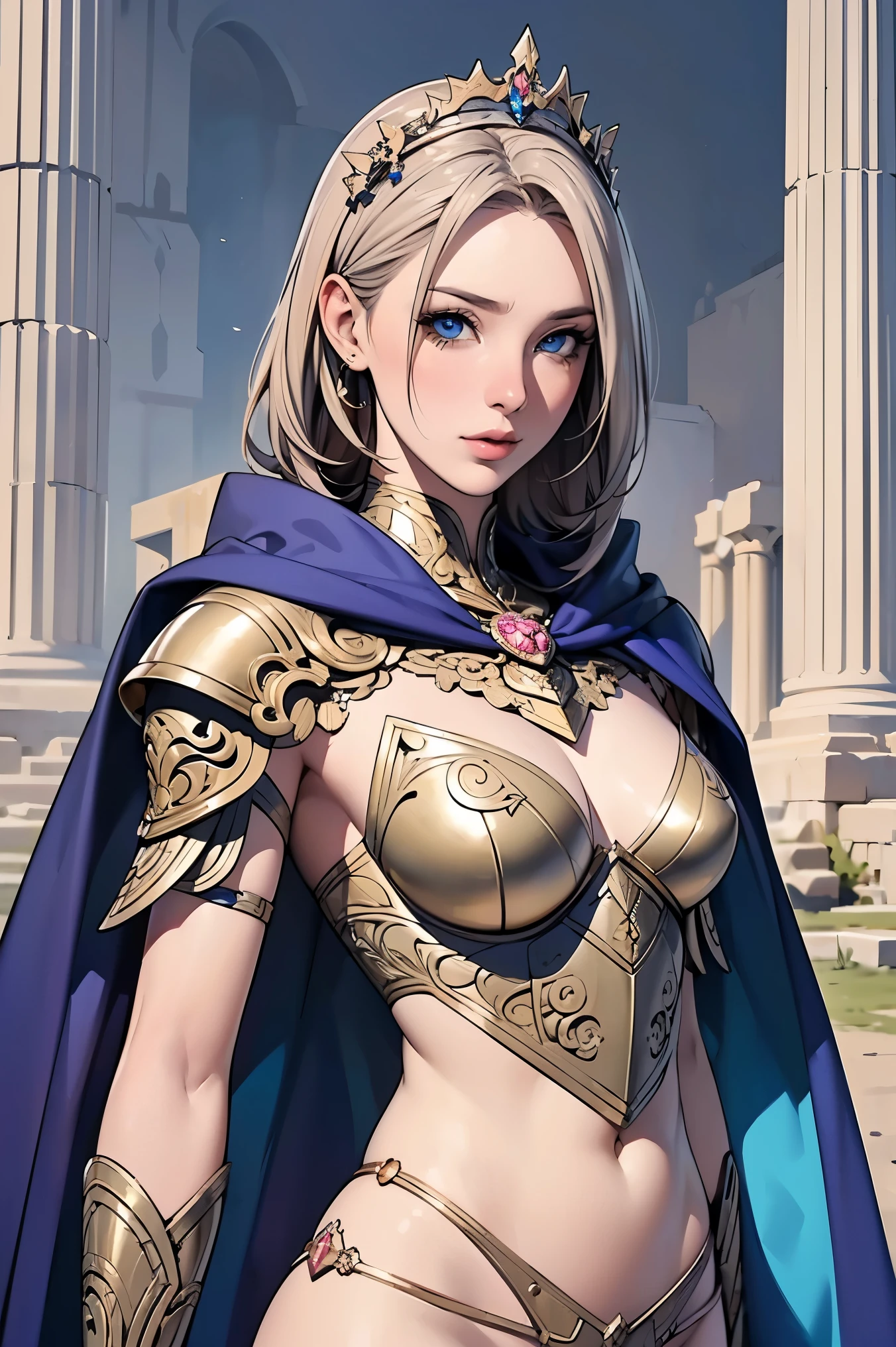 ( top quality,  Masterpiece,  Super detailed description,  perfect anatomy ),  Deep Shadow , A perfectly beautiful single woman, ( small, elegant hair ornament ,  Stunning Intricate and Beautifully Decorated Armor ),  Detailed Breastplate and Basket , Purple Cape,  silver blonde, Hair that blows up in the wind, Captivating breasts,  tiara , knight,  Watch viewers, ( most beautiful face ,  pale pink lips ,  beautiful blue eyes,  attractive expression ),  Anatomically accurate and beautiful body shape , Accurate hand drawing, ( intricate detail against the backdrop of ancient Greek ruins ),  Detailed illustrated art with background, 