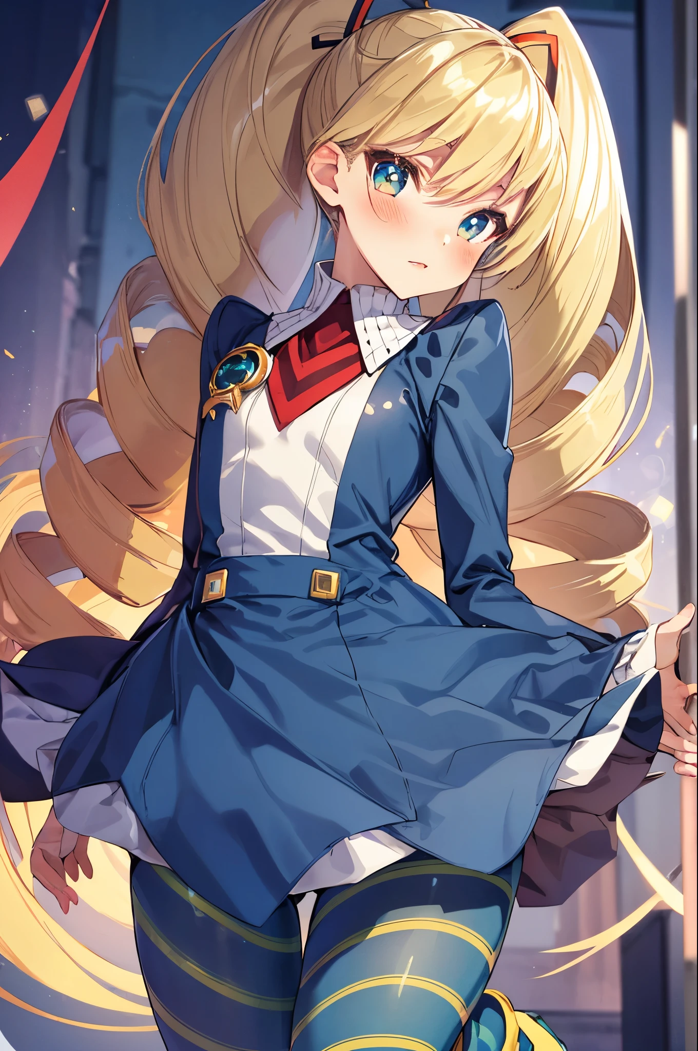 1girl,solo,arms behind back,slender,flat chest,skinny,mmplatz,twintails,twin drills,(blue dress),mini skirt,blue pantyhose,striped pantyhose,blonde hair,dynamic angle,blush,masterpiece,Noise Reduction,perfect anatomy,high resolution, ultra-detailed, ultra-detailed face,game cg,dutch angle ,beautiful detailed eyes,visualart,five fingers, perfect hands, perfect lighting, sparkling pupils