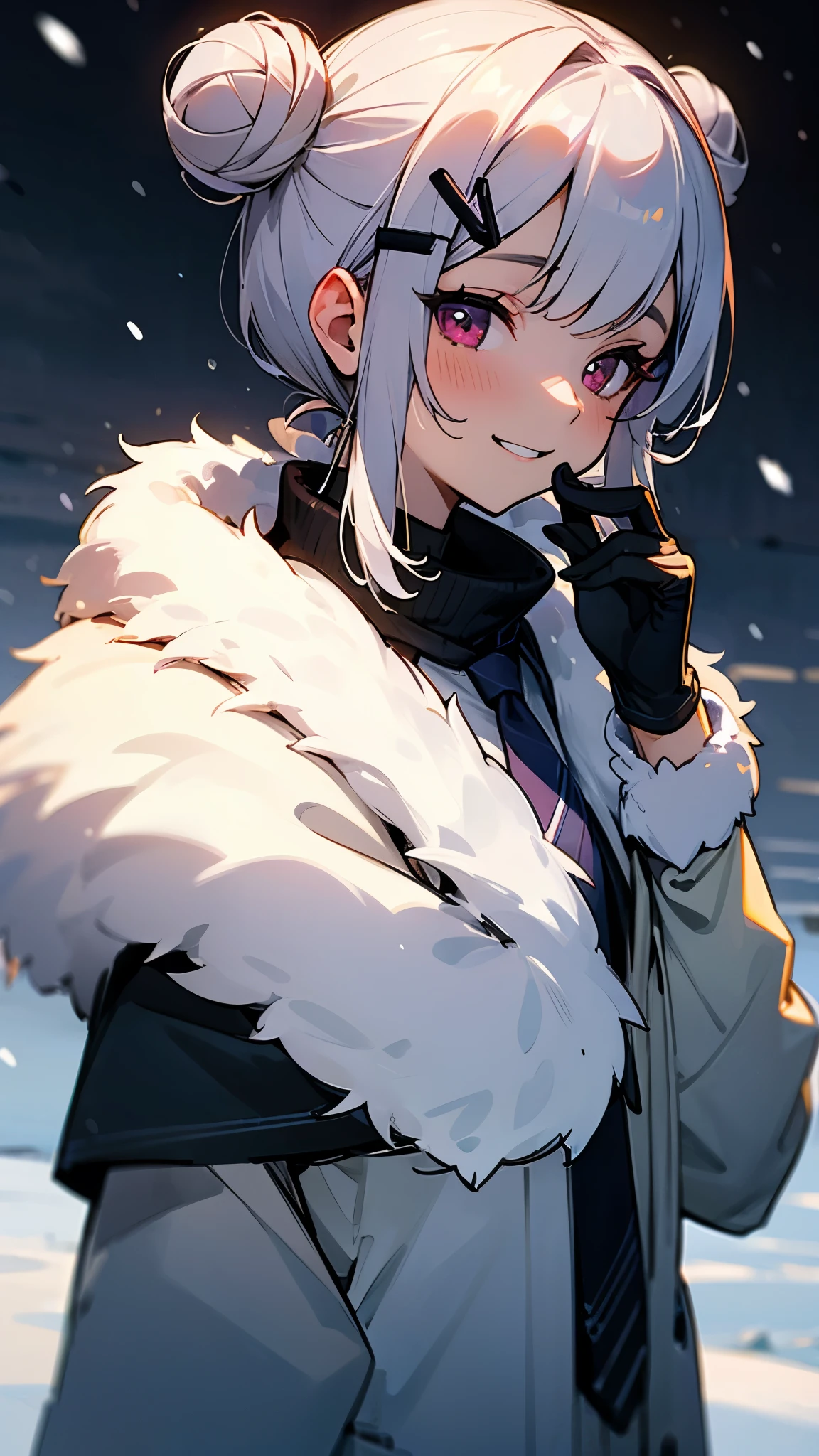 1 person、 teenage girl、 silver hair、 shortcut 、 pink eyes、Tie your hair with a bun and hair clip、smile、snow、ice、cold、Eskimo、 Portraits、winter、gloves、 muffler 、 upper body、snowが積もった、 Wide Shot