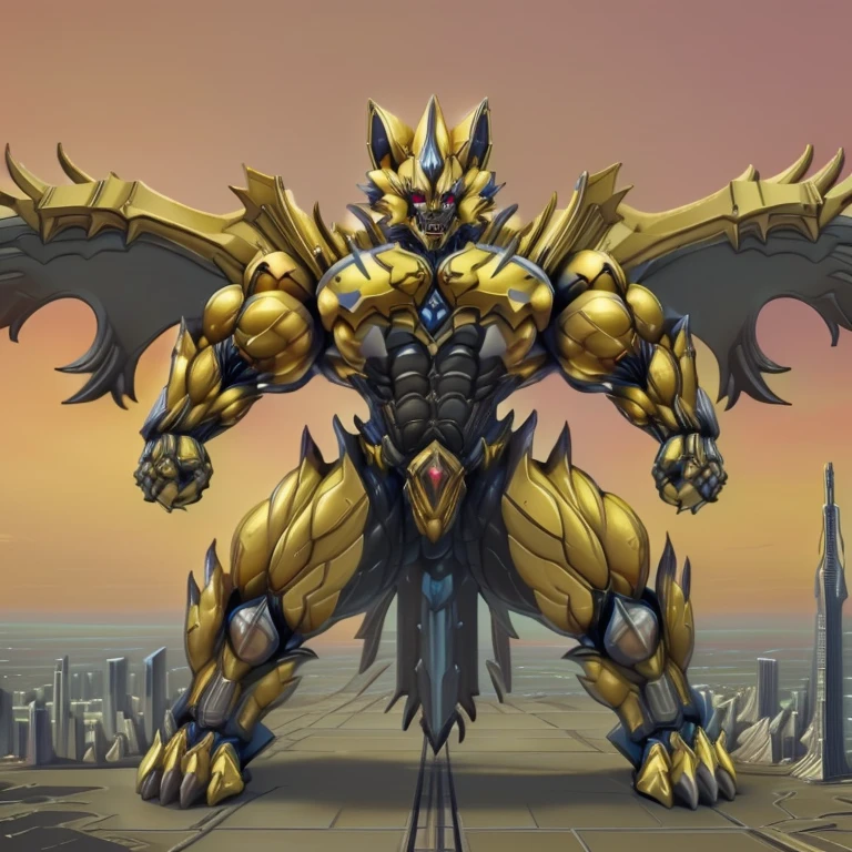 (ZERAORA, 8K)
(Zeraora's titanic robot, Powered exoskeleton with the same design as Zeraora, muscular and massive)
(Masterpiece, ultra-highres)
(Immensely detailed full-body view, defined head, chest, arms, legs, and tail, hyper-defined abs with golden hues, towering figure, full-body proportions: 1.5)
(Colossal and gargantuan muscles, Gigachad-level muscularity, gigantic pecs, oversized triceps, hulking traps, incomprehensibly developed muscular frame, body teeming with colossal muscles, monstrously exaggerated muscle mass: 1.6)
(nj5furry, razor-sharp claws, ferocious teeth, claws built for devastation: 1.5)
(Elongated, muscular legs: 1.5)
(Enormous wings spanning the horizon, golden wings that block the sun: 1.5)
(Radiating colossal power with metallic brilliance, clad in a skyscraper-sized cyberpunk mecha, intricate metallic armor emphasizing muscle size, advanced cyborg design towering over cities: 1.5)
(Entire body glowing in golden hues: 1.5)
(Menacing pose, with an arrogant and overpowering expression, destroying a sprawling metropolis: 1.5)
(continent-sized: 1.8, gigantic: 1.7, colossal: 1.8, skyscraper-sized: 1.7, towering above the horizon: 1.7, reaching the sky: 1.8, massive size that dwarfs entire cities: 1.8)
