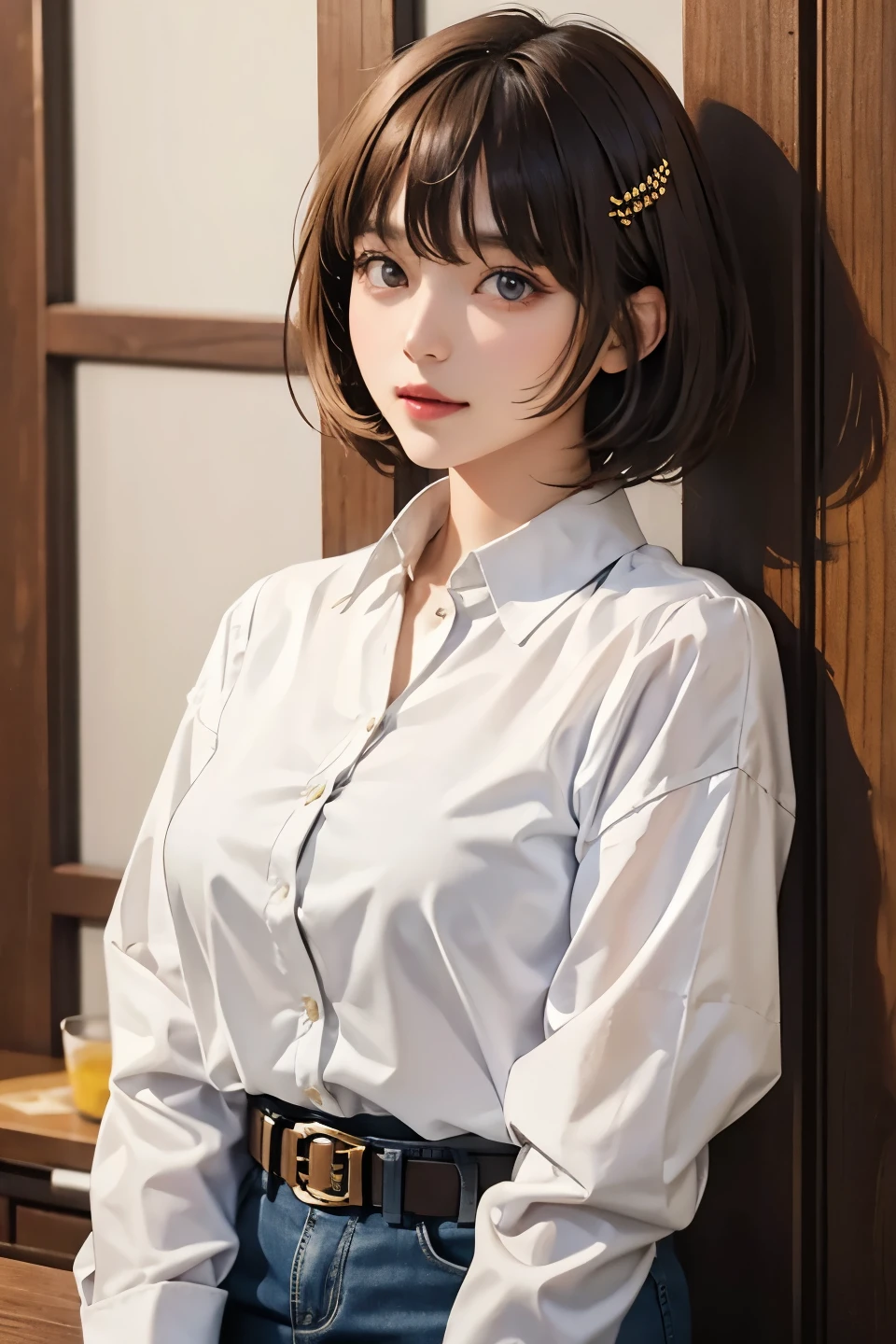 Female, 30-years old, , 1 girl, alone, portrait, leaf, bangs, ((very short hair:1.2)), purple eyes, hair between eyes, Do not wear hair ornaments、Big eyes、natural makeup、Anatomically correct top quality, yellow button shirt, belt, boots