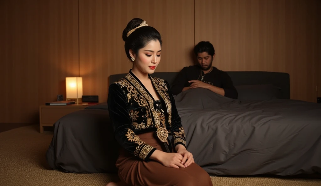 ((ultra-realistic photo)) [A beautiful 19-year-old Indonesian bride sits on the floor in the corner of a modern minimalist bedroom, wearing a black traditional Javanese wedding kebaya with intricate gold embroidery and a brown kebaya skirt. Her face is filled with sorrow, tears flowing freely as she gazes down, embodying deep emotional pain. The room is designed with a luxurious, dark minimalist bed, sleek modern furniture, and warm brown-colored walls. The atmosphere is dimly lit with a small bedside lamp casting a faint glow, creating a melancholic and intimate nighttime setting. In the background, a 30-year-old man with a long black beard lies asleep on the bed, completely unaware of her grief. The angle of the shot is close, emphasizing the bride’s expressive face and capturing the intricate details of her attire, the smooth textures of the furniture, and the dim lighting in 8K resolution for a highly realistic and poignant scene.]