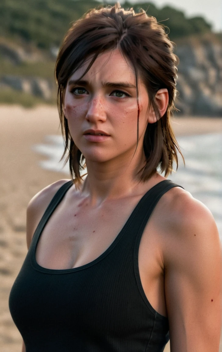 photo of ohxw, ellie, tattoo on left arm, woman, black jeans, close up, , meduim length hair, face details, low key lighting, blood on her face. Sexy face. Ribbed Tank top black .at the beach
Ribbed abdominal. Lean. High breast.