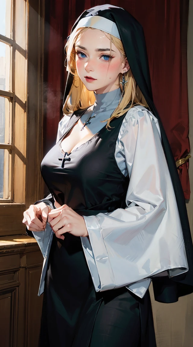 Standing, big breasts, plump, pretty face, thick body, blonde hair, hands covering eyes, seductive expression, showing a happy smile, showing armpits, masterpiece, super mass, 4k quality, high detail, dark elf mother, black nun turban, lace skirt, cleavage, white tights, sweaty, hands on the back of the head, lying on the table, wet transparent clothes, see-through, water vapor, steam from mouth, elevation view, add_detail:1.5