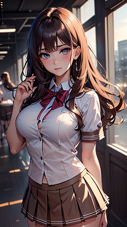 (2girls), Brown hair, Amazing face and eyes, Pink eyes, (hi-school uniform with wide open breasts:1.2), beautiful big breasts, bare breasts, (amazingly beautiful girl), Brown hair, (High School Uniform, Pleated mini-skirt:1.5), ((Best Quality)), (Ultra-detailed), (extremely detailed CG unified 8k wallpaper), Highly detailed, High-definition raw color photos, Professional Photography, (((Bokeh))), depth of fields,
