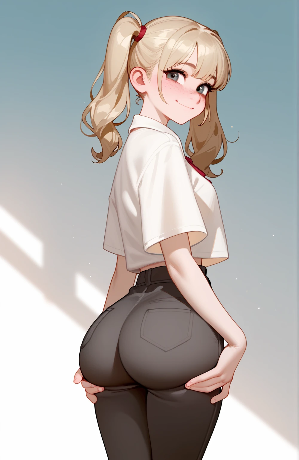 score_9,score_8_up,score_7_up,score_6_up,score_5_up,score_4_up,1girl, pretty girl, shy smile, blond hair, in twintails, pale skin,highly detailed face, cute nose, seductive, freckles, slim blouse, black pants ,big bust,wide hips, bubble ass,athletic legs, ass grab, juicy ass,hot,horny,seductive sexual pose,uncensored
