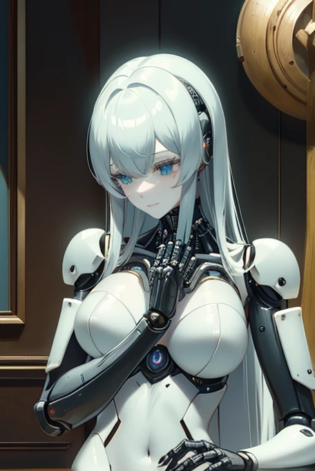 (masterpiece),(Highest quality),(Super detailed),(Best illustrations),(Best Shadow),(Absurd),(Detailed Background),(so beautiful), 16K, 8K, 4K,(Best Shadow),robotization,woman ,big bust,Robot Joint ,Metal skin,Black robot Suit,long hair,a black robot suit that covers the whole body,robot hand,cyber bodysuit,mecha head,(Detailed hands and fingers:1.2),Ball joint robot body,doll joint,beautiful face,beautiful robot girl,robotic eye,robotic hands,(no more human skin),android girl,cyborg girl,F cup, sexy body,(machine made joints:1.2),(machanical limbs:1.1),(blood vessels connected to tubes),(mechanical vertebra attaching to back),(mechanical cervial attaching to neck),no messy picture style,no emotion,tech control,black robot suit,maintenance,smile,antenna