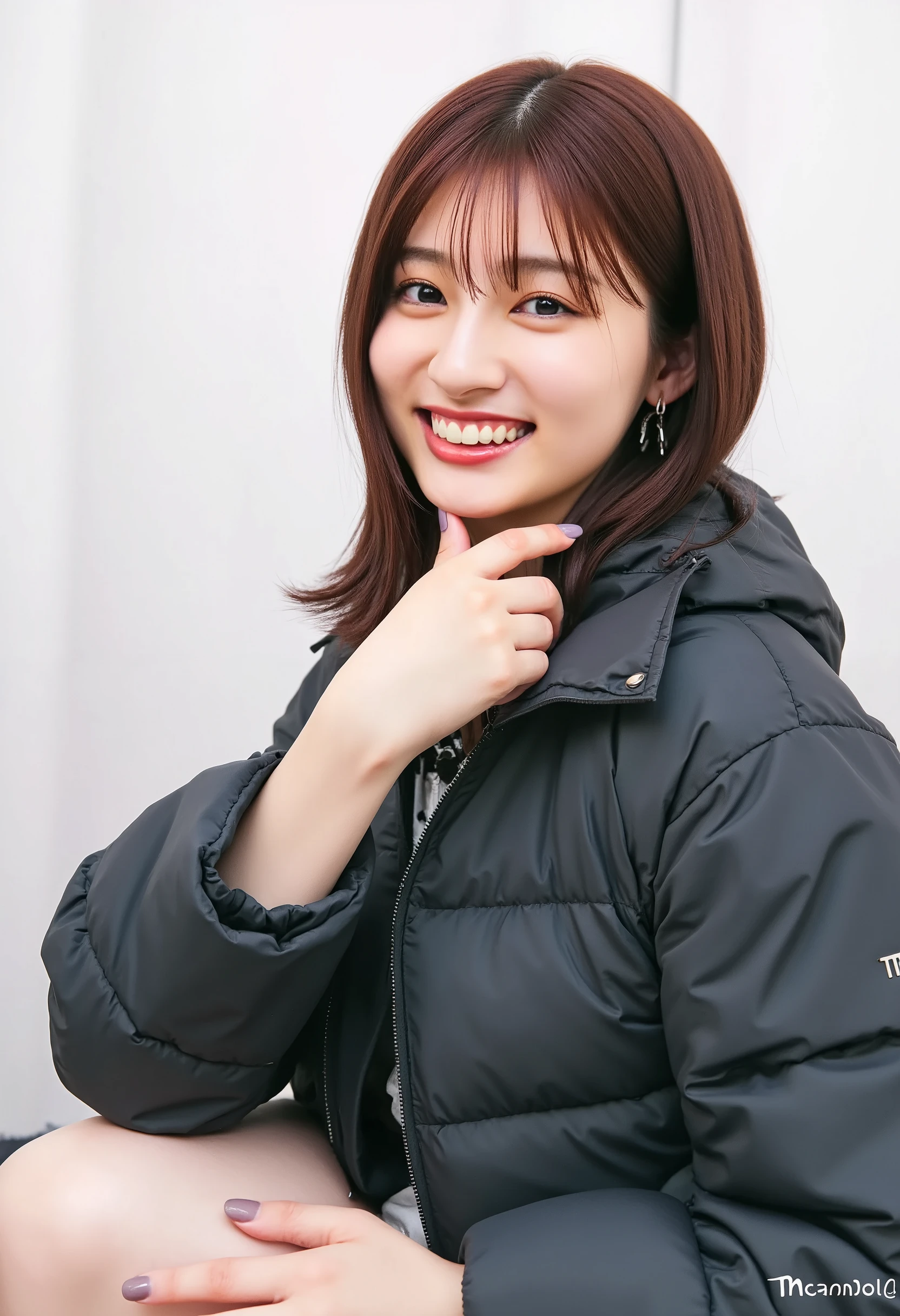 young Japanese woman、Yoshikawa Ai、 black down jacket、 trainer、smile、 beautiful alignment of teeth、 ear piercing、 white background 、 upper body