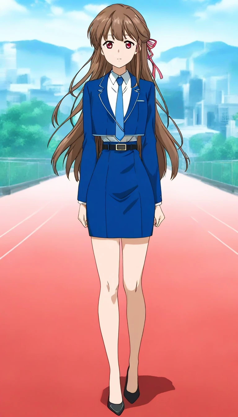  long hair,  brown hair, bangs、ribbon、 red eyes, full body style that reflects your whole body、Normal milk、 narrow waist 、Bare legs、 in a suit、 blue jacket , collared shirt 、 white shirt、 blue tie,belt, blue mini pencil skirt、 black high heel pumps 、Anime Images、