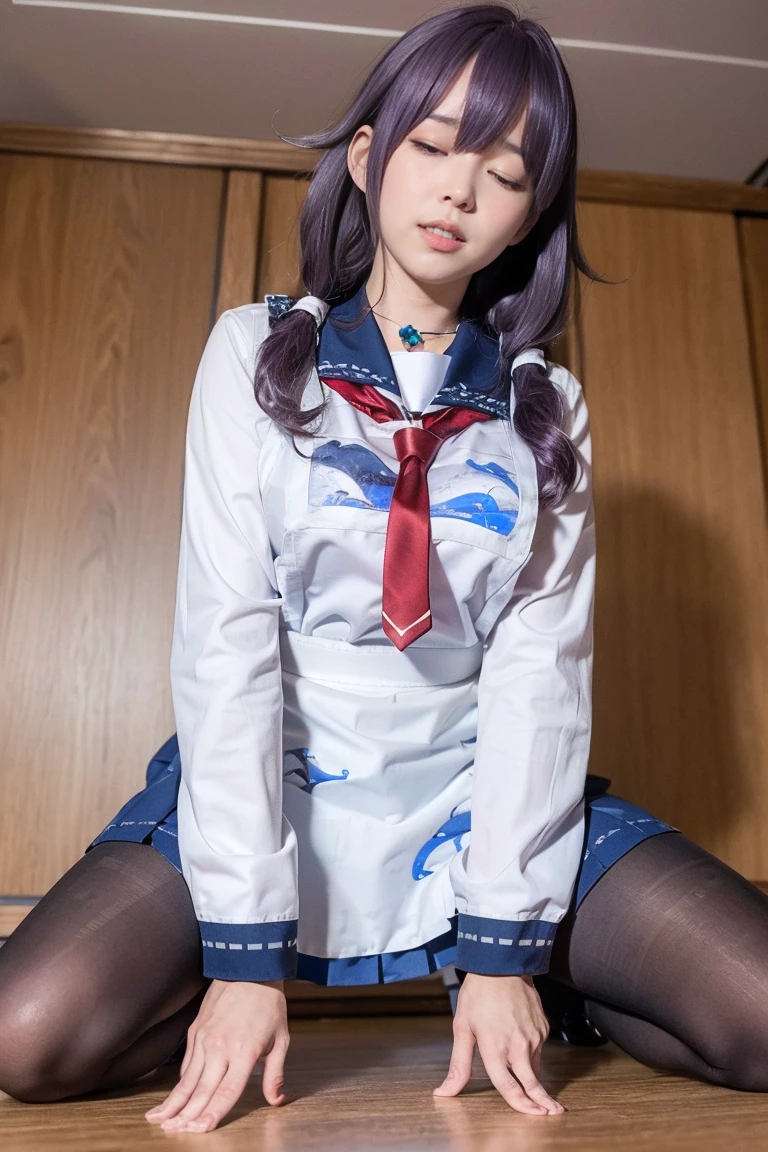 {Perfect }, (8k, best quality, masterpiece, ultra high res, photorealistic, Super Detail), Ultra Detailed, Detailed Skin, ShigureKancolle, (best quality), (ultra-detailed), photorealistic, (best illustration), (an extremely delicate and beautiful),(((( 1 japanese beautiful girl, (long sleeves) serafuku, (red) neckerchief, (blue) sailor collar, (whale print) white apron, (blue pleated skirt), ((black pantyhose)), Violet hair,magatama))), BREAK perfect hands, detailed hands, best hands, (, blush, Sweat, open your mouth, roll your eyes, tears, stick out ,)(parted lips),(close your eyes),(feeling weak),((spread my legs:1.5)) ,(full body:1.5),((from below:1.5))