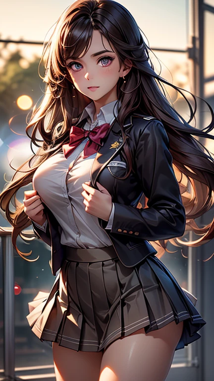 (2girls), Brown hair, Amazing face and eyes, Pink eyes, (hi-school uniform with wide open breasts:1.2), beautiful big breasts, bare breasts, (amazingly beautiful girl), Brown hair, (High School Uniform, Pleated mini-skirt:1.5), ((Best Quality)), (Ultra-detailed), (extremely detailed CG unified 8k wallpaper), Highly detailed, High-definition raw color photos, Professional Photography, (((Bokeh))), depth of fields,
