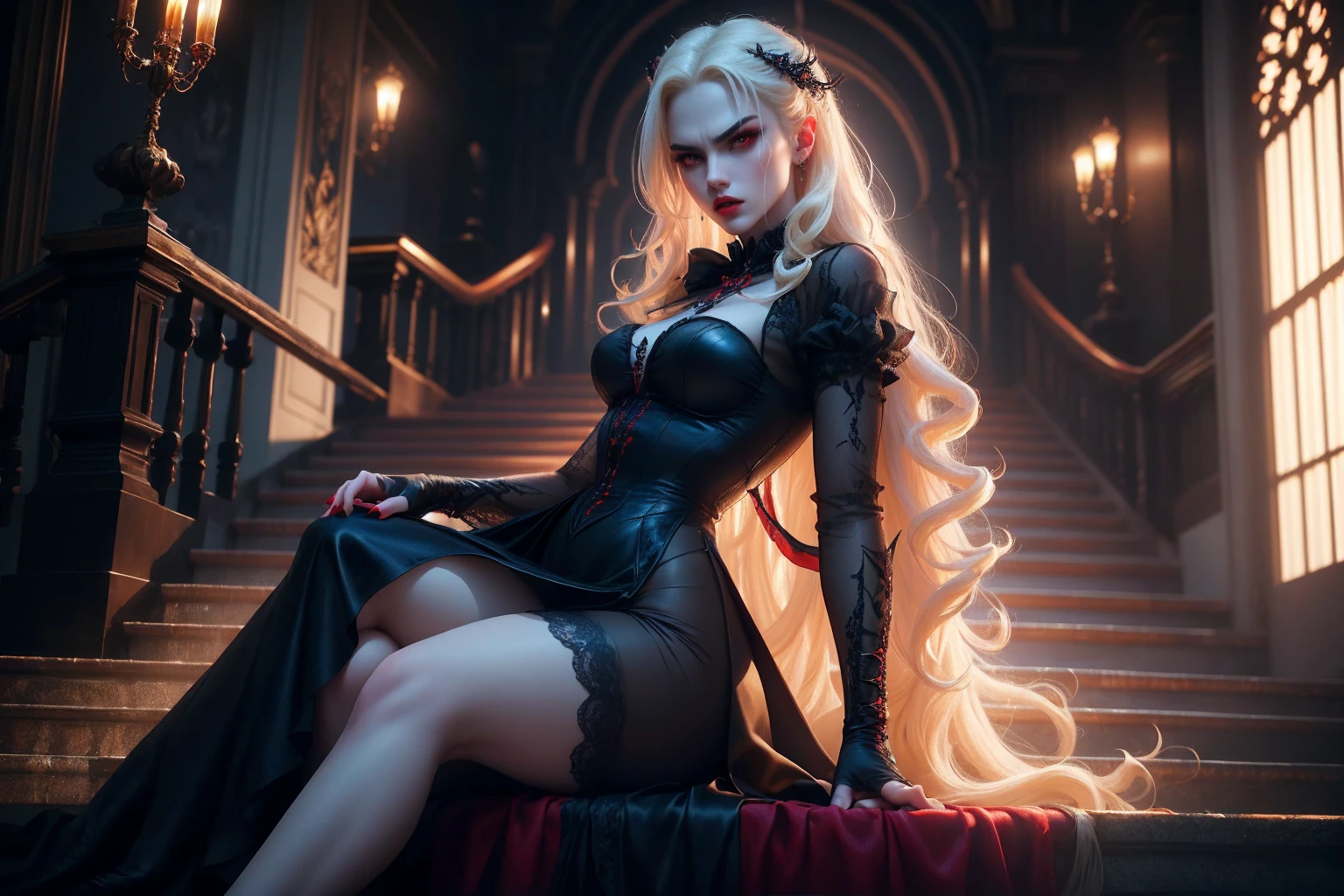 a beautiful vampire goth woman with long blonde curly hair, large bust, hourglass waist, pale skin, dark red lips, fangs, gothic lace dress, dramatic makeup, moody lighting, cinematic angle, dark mysterious atmosphere, digital art, octane render, unreal engine, highly detailed, photorealistic, 8k, masterpiece