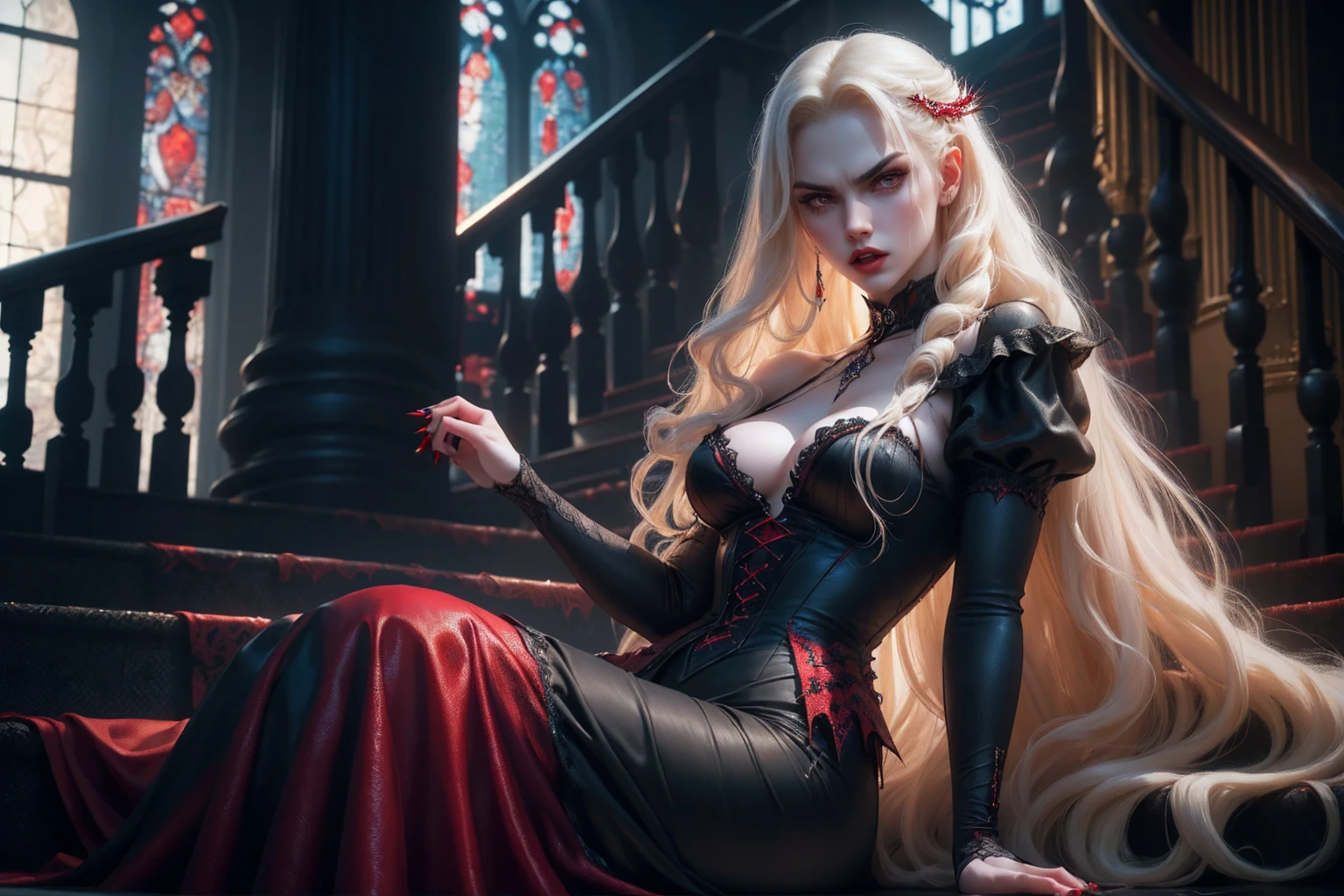 icture of vampire standing in the front of her home holding a (candy bag: 1.2), an exquisite beautiful female vampire in her front door of her home, full body (ultra detailed, Masterpiece, best quality), ultra detailed face (ultra detailed, Masterpiece, best quality), grey skin: 1.3 , blond hair, hair in a ponytail, long hair, blue eyes, cold eyes, glowing eyes, intense eyes, smile with [drops of blood on face] (ultra detailed, Masterpiece, best quality), dark red lips, [vampire fangs], wearing white dress (ultra detailed, Masterpiece, best quality), dark blue cloak, high heeled boots in front of her home, (holding a candy bag: 1.4), high details, best quality, 16k, [ultra detailed], masterpiece, best quality, (ultra detailed), full body, ultra wide shot, photorealism, luis royo style, dark fantasy art, moon light coming through the window, moon rays, gothic art, sense of dread, sense of seduction, bloodmagic