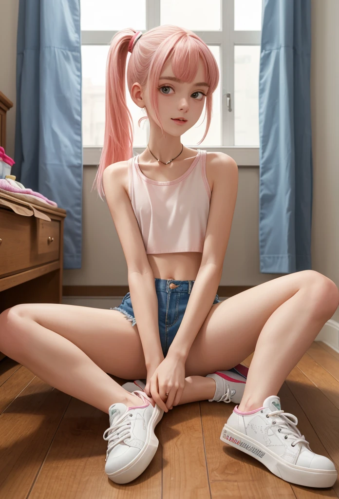 ``(masterpiece, best quality:1.2), Very detailed, nsfw, check_9, check_8_up, check_7_up,Anatomically correct, 
1 girl, (skinny body:1.1),((medium breasts:1.2)),long pink hair with bangs and ponytails, tight cropped pink t-shirt, low cut shorts, smoky eyes, white socks and sneakers, sitting on the floor in his room, legs spread,
,(absurdity, high resolution, intricate details, intricate)``