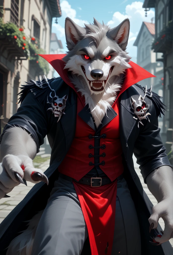 A Wolf vampire male fursuit a 23 year old adult alone outdoors standing gray fur vampire fangs and red eyes wearing vampire clothes looking at the viewer with a smile