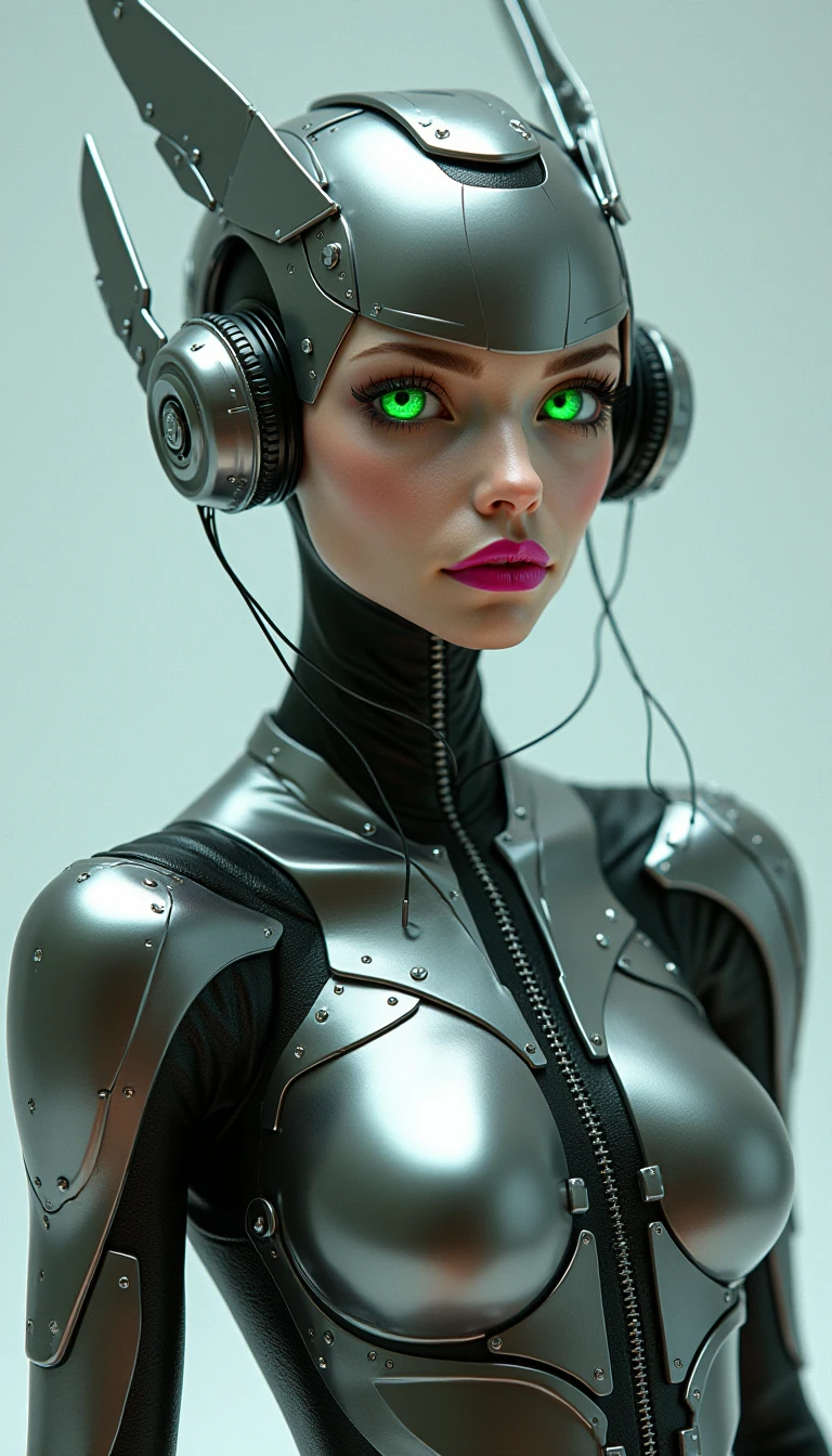 ral-opal, meahophontron, whole body, Beautiful woman robot face, Blue eyes, cyberpunk, devil nun, ?????, looking to the camera, nun body clothing, primer plano looking to the camera, realist, Beautiful woman, cara sexy, black clothes, Gray and blue, blue heels.