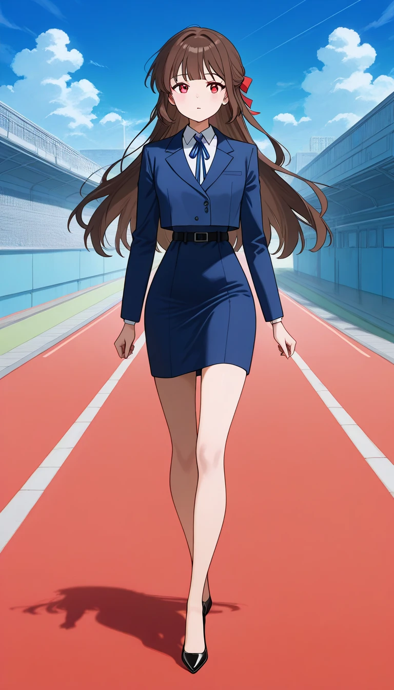  long hair,  brown hair, bangs、ribbon、 red eyes, full body style that reflects your whole body、Normal milk、 narrow waist 、Bare legs、 in a suit、 blue jacket , collared shirt 、 white shirt、 blue tie,belt, blue mini pencil skirt、 black high heel pumps 、Anime Images、