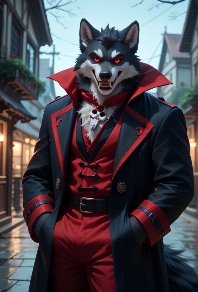 A Wolf vampire male fursuit a 23 year old adult alone outdoors standing black fur vampire fangs and red eyes wearing vampire clothes looking at the viewer with a smile