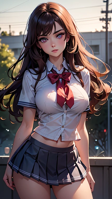 (2girls), Brown hair, Amazing face and eyes, Pink eyes, (hi-school uniform with wide open breasts:1.2), beautiful big breasts, bare breasts, (amazingly beautiful girl), Brown hair, (High School Uniform, Pleated mini-skirt:1.5), ((Best Quality)), (Ultra-detailed), (extremely detailed CG unified 8k wallpaper), Highly detailed, High-definition raw color photos, Professional Photography, (((Bokeh))), depth of fields,
