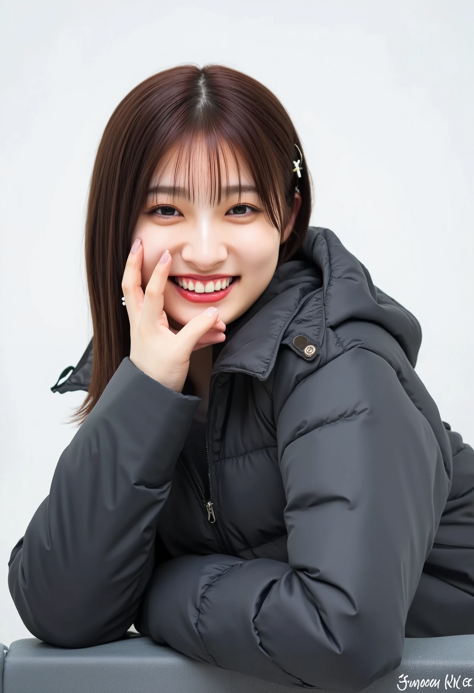  young Japanese woman、Yoshikawa Ai、 black down jacket、 trainer、smile、 beautiful alignment of teeth、 ear piercing、 white background 、 upper body