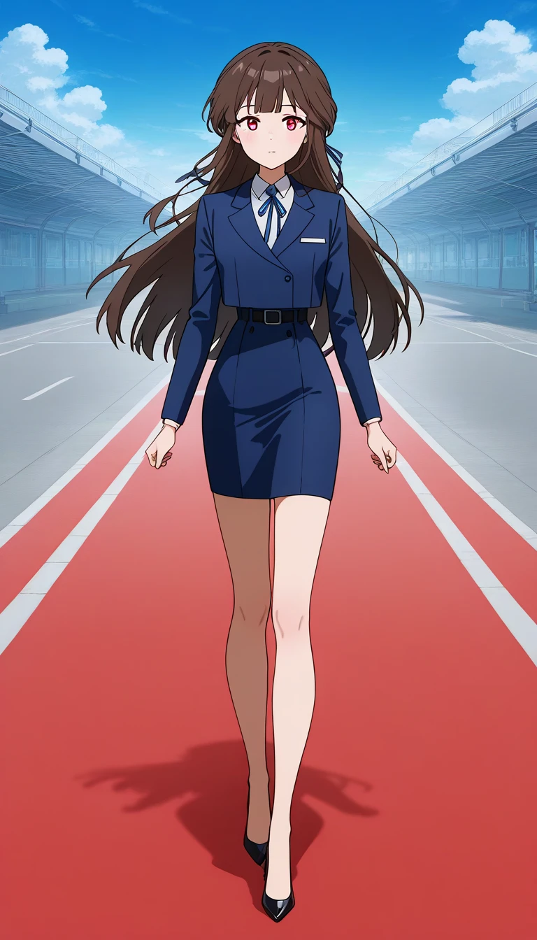  long hair,  brown hair, bangs、ribbon、 red eyes, full body style that reflects your whole body、Normal milk、 narrow waist 、Bare legs、 in a suit、 blue jacket , collared shirt 、 white shirt、 blue tie,belt, blue mini pencil skirt、 black high heel pumps 、Anime Images、