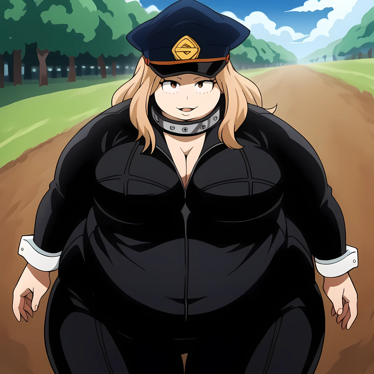 score_9, score_8_up, score_7_up, source_anime, camie utsushimi, long hair, blonde hair, brown eyes, large breasts,, hat, cleavage, bodysuit, peaked cap, black bodysuit, open bodysuit,, bike ride, countryside, dirt road, trees, afternoon sun, peaceful, alone, , seductive smile, come hither, naughty face,, looking at viewer, solo,, dutch angle, cowboy shot fat, chubby, obese, gigantic arms and legs, large breasts open mouth, out of breath