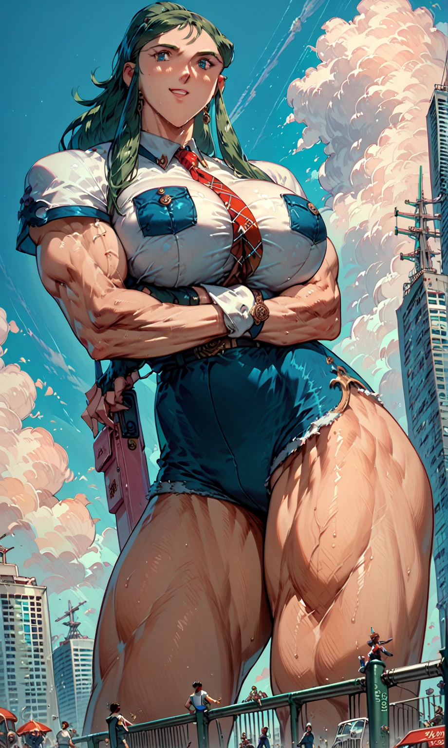 Woman takes experimental growth hormone and is transformed into a towering 70ft tall giantess with long sturdy limbs, chunky upper arms, strong glutes and trapezius muscles, and massive elongated breasts.