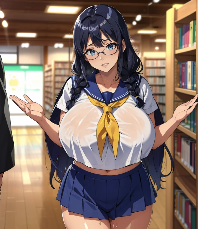 (background bokeh:1.2)、(library)、Super detailed illustrations、Super precise expression、masterpiece、highest quality、ultra High resolution、High resolution、Support your chest with your arms、(big breasts、Sweat、body fluid、shiny skin:1.4)、(black hair、long hair、Braid、Glasses、Patsun bangs)、(embarrassed face:1.5)、Standing picture、(sailor suit, Navy blue miniskirt,knee socks ), (Mommyfy)、