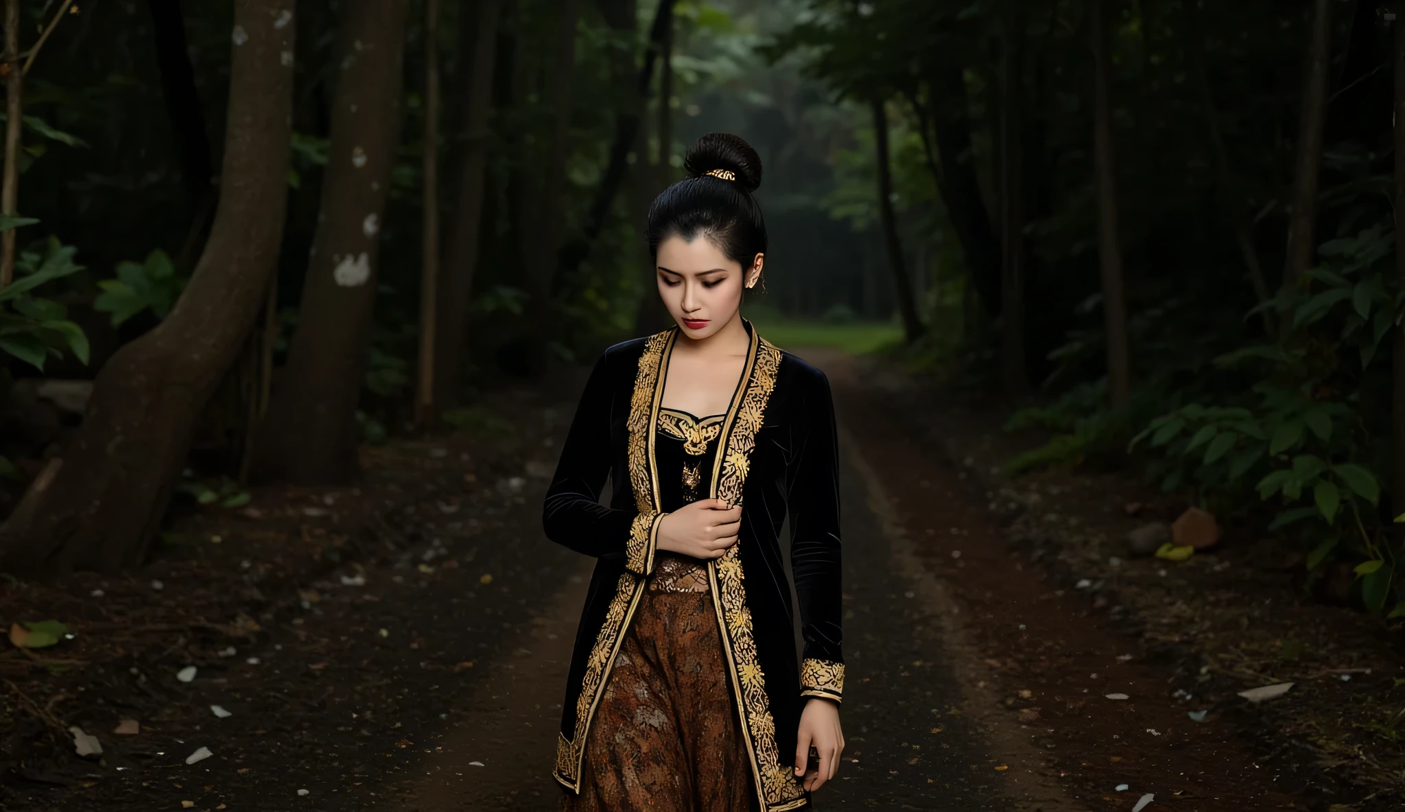 ((ultra-realistic photo)) [A beautiful 19-year-old Indonesian bride, dressed in a traditional black Javanese wedding kebaya with intricate gold detailing and a brown kebaya skirt, walks through a dark and rugged forest. Her face is streaked with tears, and her expression is filled with deep sadness and sorrow as she walks with her head lowered, lost in her emotions. The dense trees of the forest loom around her, creating a mysterious and somber atmosphere. The dark night is illuminated faintly by the light of the moon, casting soft shadows and highlighting her sad demeanor. The camera captures her in motion, with detailed textures of her attire, the rough terrain, and the dim moonlight, all rendered in high 8K resolution to convey the emotional weight of the scene.]