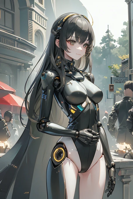 (masterpiece),(Highest quality),(Super detailed),(Best illustrations),(Best Shadow),(Absurd),(Detailed Background),(so beautiful), 16K, 8K, 4K,(Best Shadow),robotization,woman ,big bust,Robot Joint ,Metal skin,Black robot Suit,long hair,a black robot suit that covers the whole body,robot hand,cyber bodysuit,mecha head,(Detailed hands and fingers:1.2),Ball joint robot body,doll joint,beautiful face,beautiful robot girl,robotic eye,robotic hands,(no more human skin),android girl,cyborg girl,F cup, sexy body,(machine made joints:1.2),(machanical limbs:1.1),(blood vessels connected to tubes),(mechanical vertebra attaching to back),(mechanical cervial attaching to neck),no messy picture style,no emotion,tech control,black robot suit,maintenance,smile,antenna