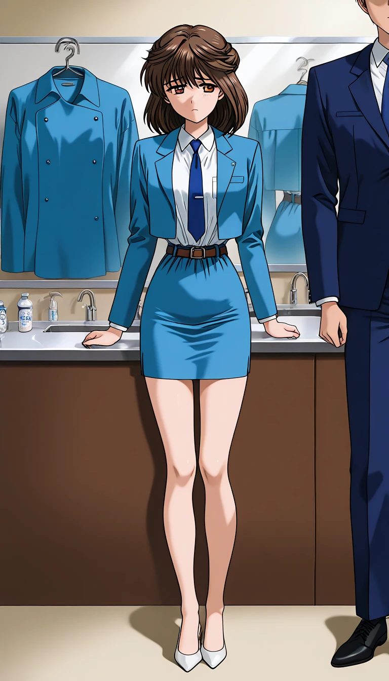  brown hair,  Brown Eyes ,  medium hair up to buttocks, sad face 、 Teal Eyelids、 full body style that reflects your whole body、Normal milk、 narrow waist 、Bare legs、 in a suit、 blue jacket , collared shirt 、 white shirt、 blue tie,belt, blue mini pencil skirt, black tights、White pumps、