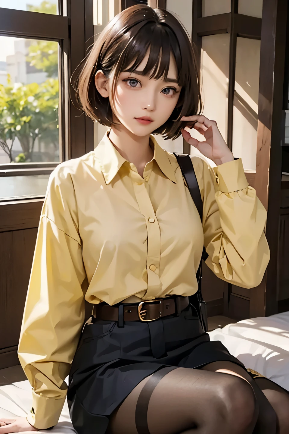 Female, 30-years old, , 1 girl, alone, portrait, leaf, bangs, (very short hair:1.2), purple eyes, hair between eyes, Do not wear hair ornaments、Big eyes、natural makeup、Anatomically correct top quality, yellow button shirt, belt, short boots