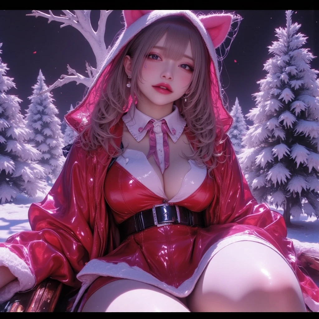 Cat ears、Miniskirt Santa Outfit、  attractive,desire, Obscene, Mature Woman, Captivating body lines , ((  fine facial features ,   open your mouth, eroticism)),  dramatic lighting  ,  realistic , 8k, Cinematic Composition , dark moody vibe ,  Dramatic Shadows ,  intricate and elaborate patterns  ,  30 megapixel  ,   super detailed photo  ,  chiaroscuro lighting  ,   moody color palette across sleigh  ,Pleasant colors ,  Deep Contrast  ,  super real 、 pink lipstick、 snowy Christmas tree straddling a sleigh、 white christmas、 full body view、Drawing composition、 cinematic composition、Straddling a reindeer、 seductive thighs 、Exuding sexiness、Use warm colors、 Santa Claus