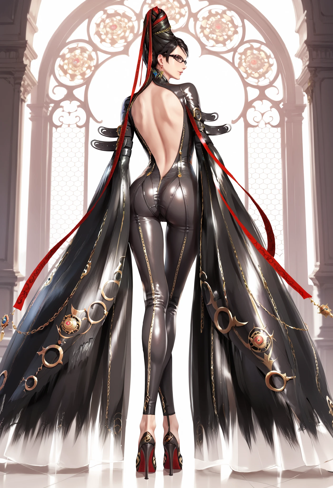 extremely detailed CG, high resolution, best quality, masterpiece, single woman, bayonetta, gray eyes, (beautiful detailed eyes: 1.4), black hair (red ribbon), tight black bodysuit, filigree patterns in metallic gold, bare back, long white gloves, long legs, high heels, natural pose