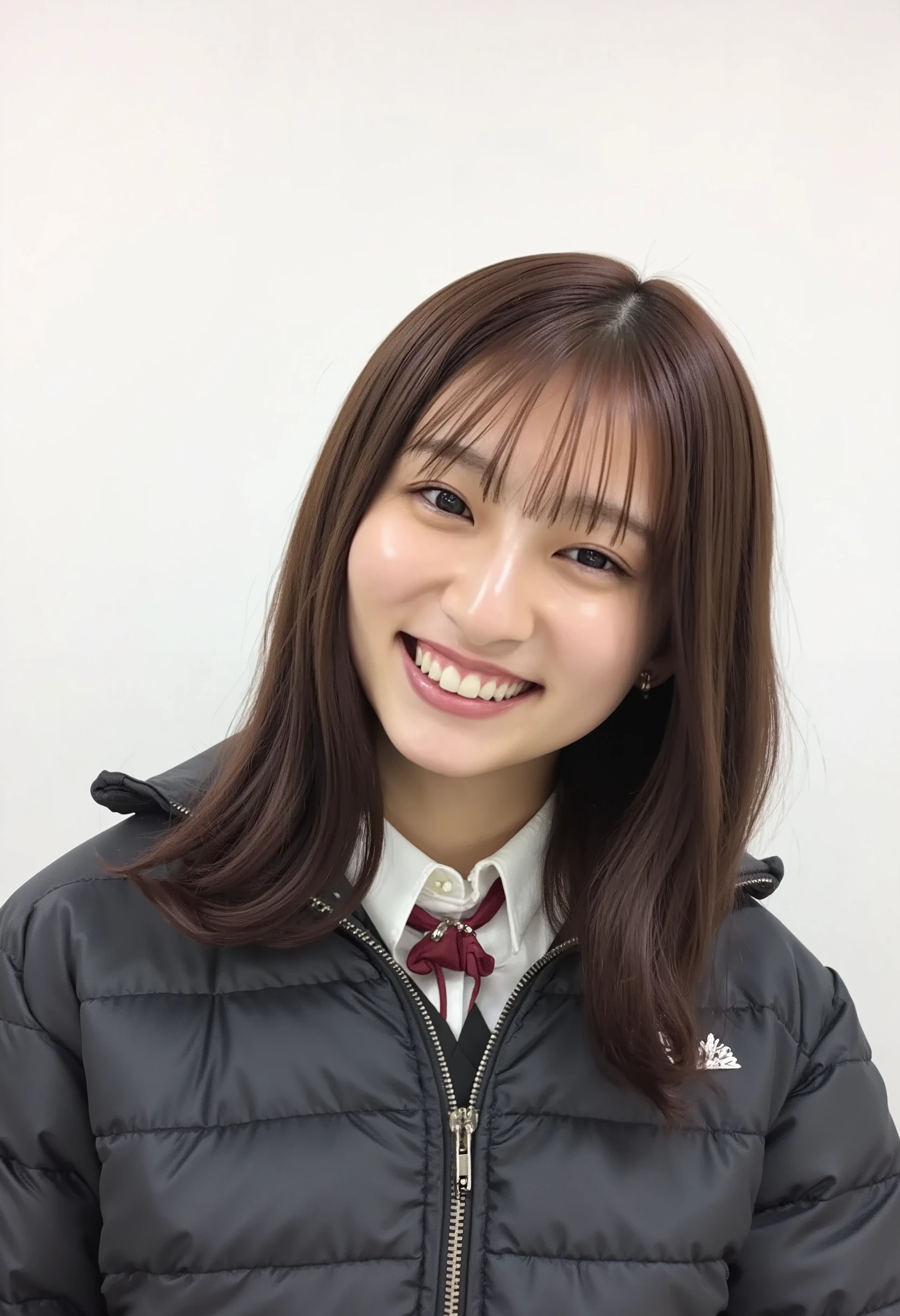 young Japanese woman、Yoshikawa Ai、 black down jacket、 trainer、smile、 beautiful alignment of teeth、 ear piercing、 white background 、 upper body
