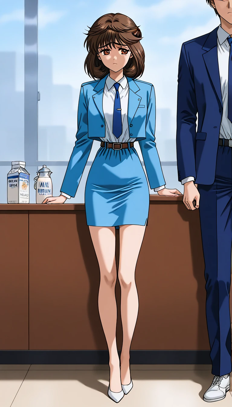  brown hair,  Brown Eyes ,  medium hair up to buttocks, sad face 、 Teal Eyelids、 full body style that reflects your whole body、Normal milk、 narrow waist 、Bare legs、 in a suit、 blue jacket , collared shirt 、 white shirt、 blue tie,belt, blue mini pencil skirt, black tights、White pumps、