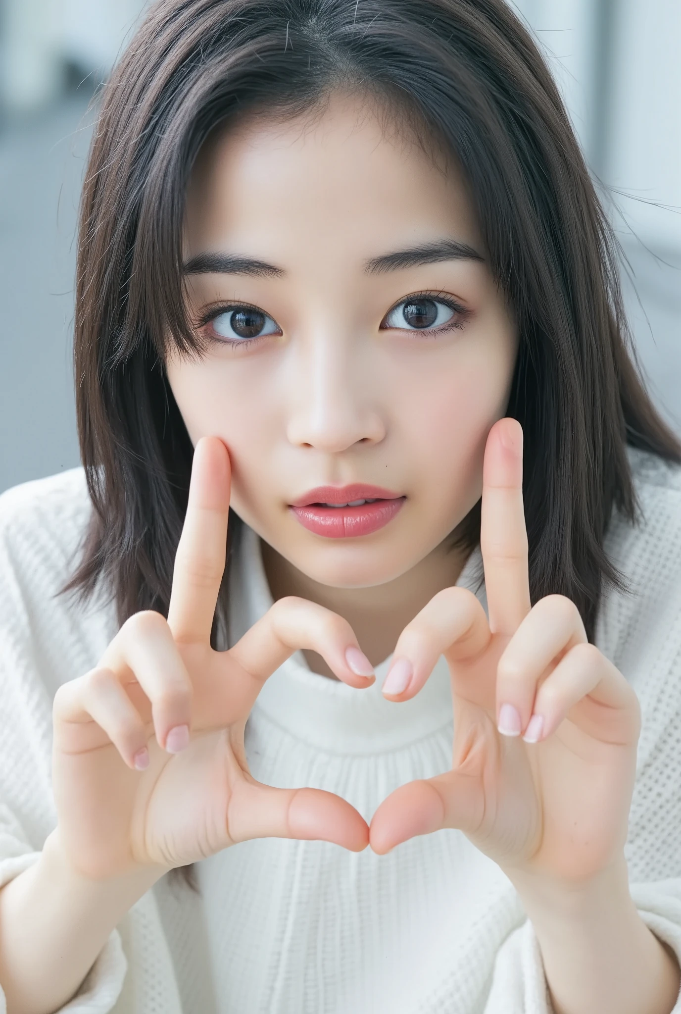 smile making a heart shape with hands:2.0、 (Ultra-precise human anatomy , top quality、 RAW photo、8k、32K、 Masterpiece 、 realistic 、 photorealistic:1.37)、Cute Japanese women images、 tank top in front of urinal、 Shot in natural light、 upper body、 1 girl、Photo Mapping、Physically Based Rendering、 high image quality、 high definition 、1080P、( beautiful face)、(Detailed description of the face)、( Detailed description of the hand setter'Muscle area)、( CG in detail)、 rich details 、( Stunning Features :1.35)、( detail eyes)、 looking forward to your eyes、Delicate clavicle、 Various Poses、非常にリアルで詳細な若い女性の upper bodyポートレート。The skin is beautiful、 Soft light is reflected in the high part of the cheek .、 Tiny pores and hair follicles、 You can see even the thinnest blood vessels 。The skin is smooth、natural flushing of cheeks 、Healthy glow。 The eyes are large and clear blue、Her iris has fine patterning、 Light is reflecting and shining in the eye。 There is a slight shadow under her eye 、 Her eyelashes are long and naturally curled。 her lips are soft pink 、Smooth texture with a natural glow、 Slightly reflects light。 the woman wears a simple white top .、 background is pale black and white gradation .、焦点は完全に顔と upper bodyに当たっている。 realistic shadows and textures、 picture-like depiction.。