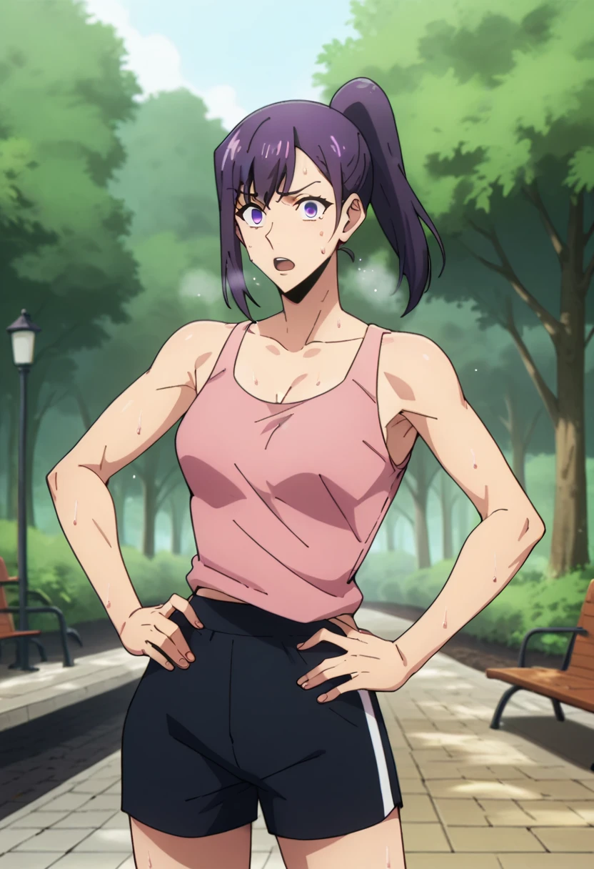 score_9, score_8_up, score_7_up,
SungJinahSL, 
1girl, solo, open mouth, sweat,
purple hair, purple eyes, ponytail,
Jinah, pink tanktop, black shorts, black leggins,
Hands on hips, looking at the viewer,
outdoors, tree, forest, park