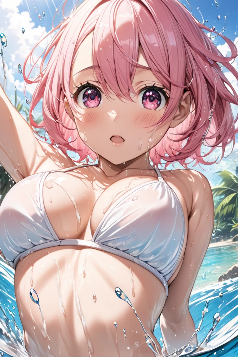 ((Bright pop-colored swimsuits, lying on the water and floating, Mediterranean Sea)), skindentation, skinny, solo, 1 woman, Masterpiece, highest quality, highest quality, 16K, incredibly absurd, highly detailed, 2.5D, ai-generated, delicate and dynamic, very delicate facial expressions, delicate eye depiction, erotic, only sexy woman, healthy figure, 25-year-old woman, bride, 160cm tall, medium firm swaying bust, (short hair), (pink hair:1.5), bob cut, black eye, blush, Sweat,Embarrassed,sexy, ((thin thighs)), (Erect nipples:0.8), (visible nipples:0.8), (camel toe:0.8), ((shiny and lustrous)), facing straight at viewer, ((brown_skin)), ((Oily_skin)), sweaty skin, wet skin, dutch angle, sexy pose,