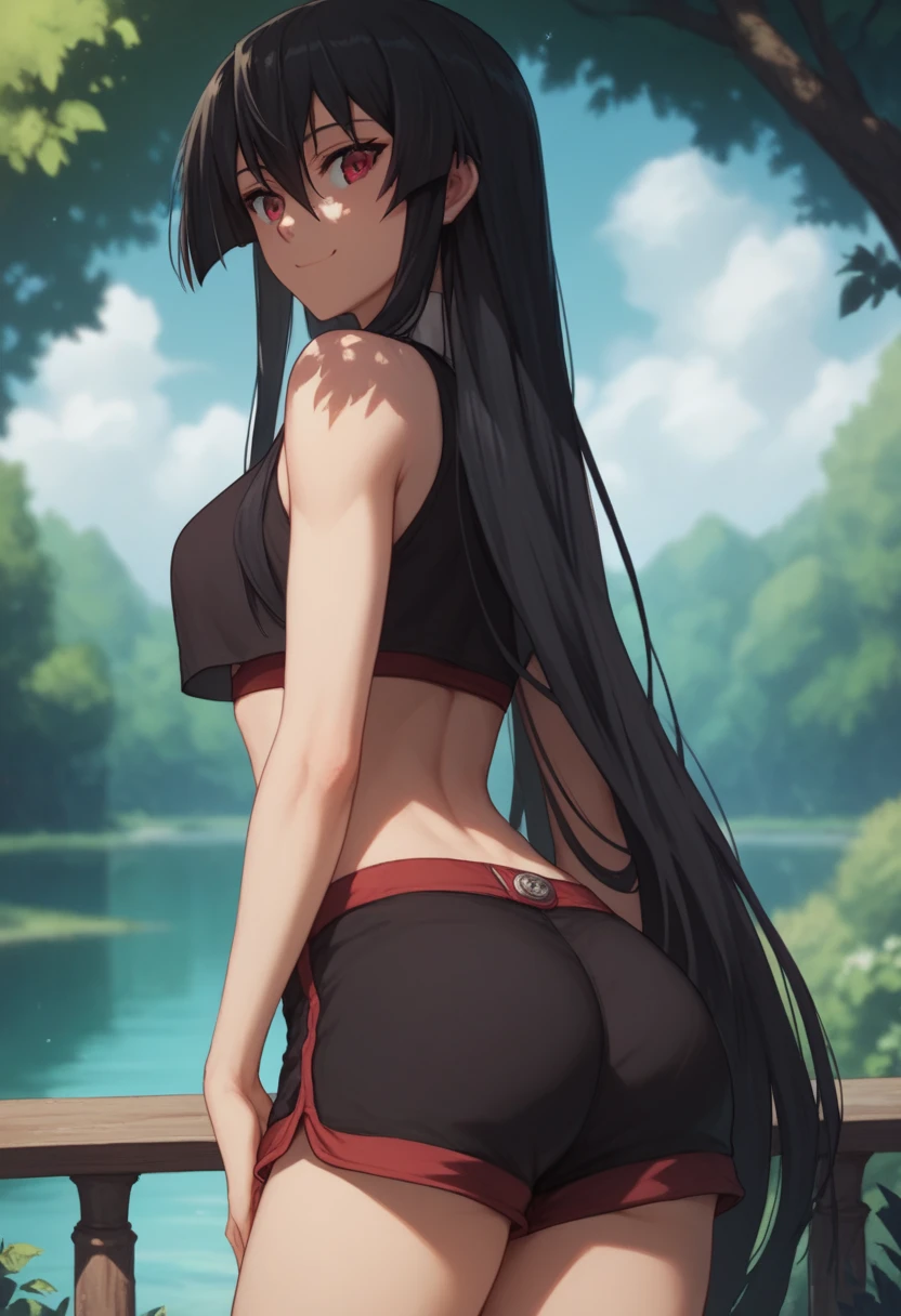 1girl, solo,akame, long hair, black hair, red eyes, hair between eyes,edgpshorts, wearing edgpshorts, crop top,standing, looking at viewer, smile, from behind,  beautiful, day, outdoors